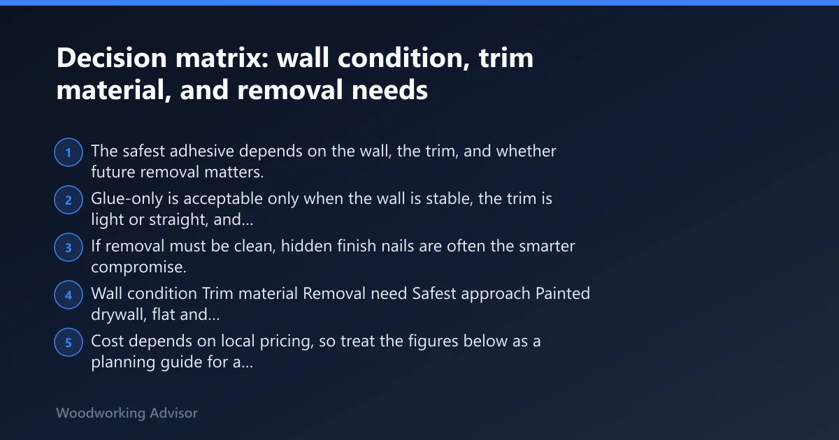 Steps: Decision matrix: wall condition, trim material, and removal needs