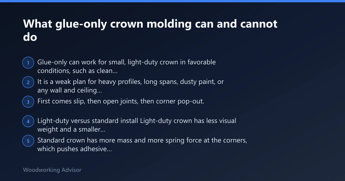 Steps: What glue-only crown molding can and cannot do