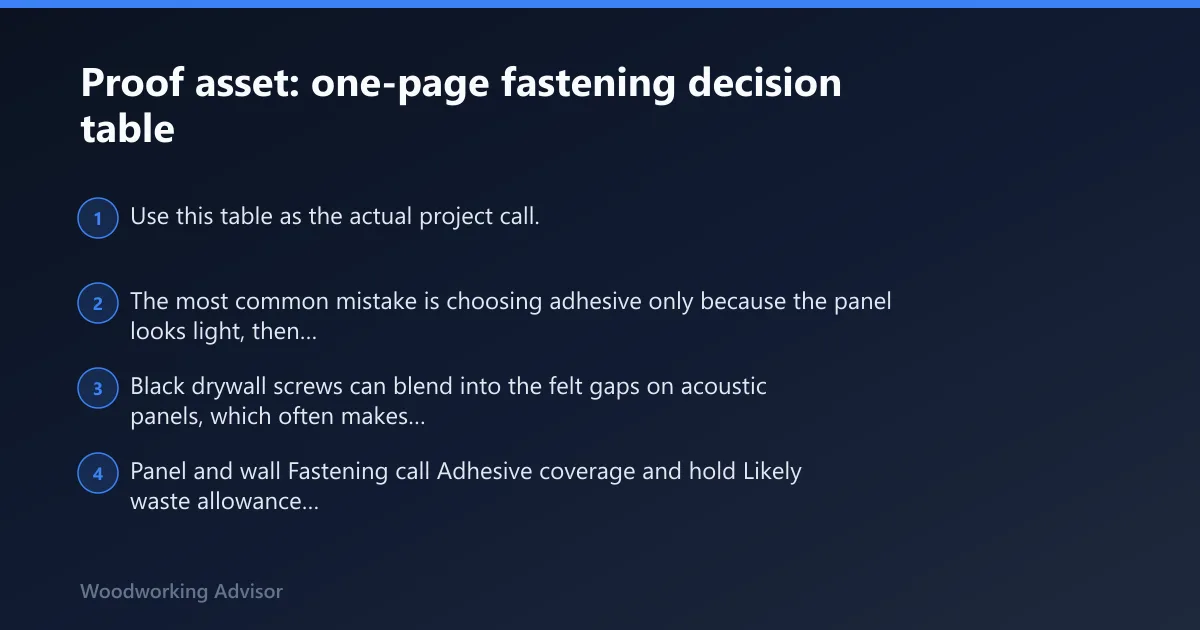 Steps: Proof asset: one-page fastening decision table
