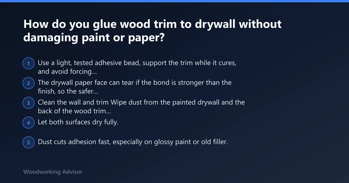 Steps: How do you glue wood trim to drywall without damaging paint or paper?