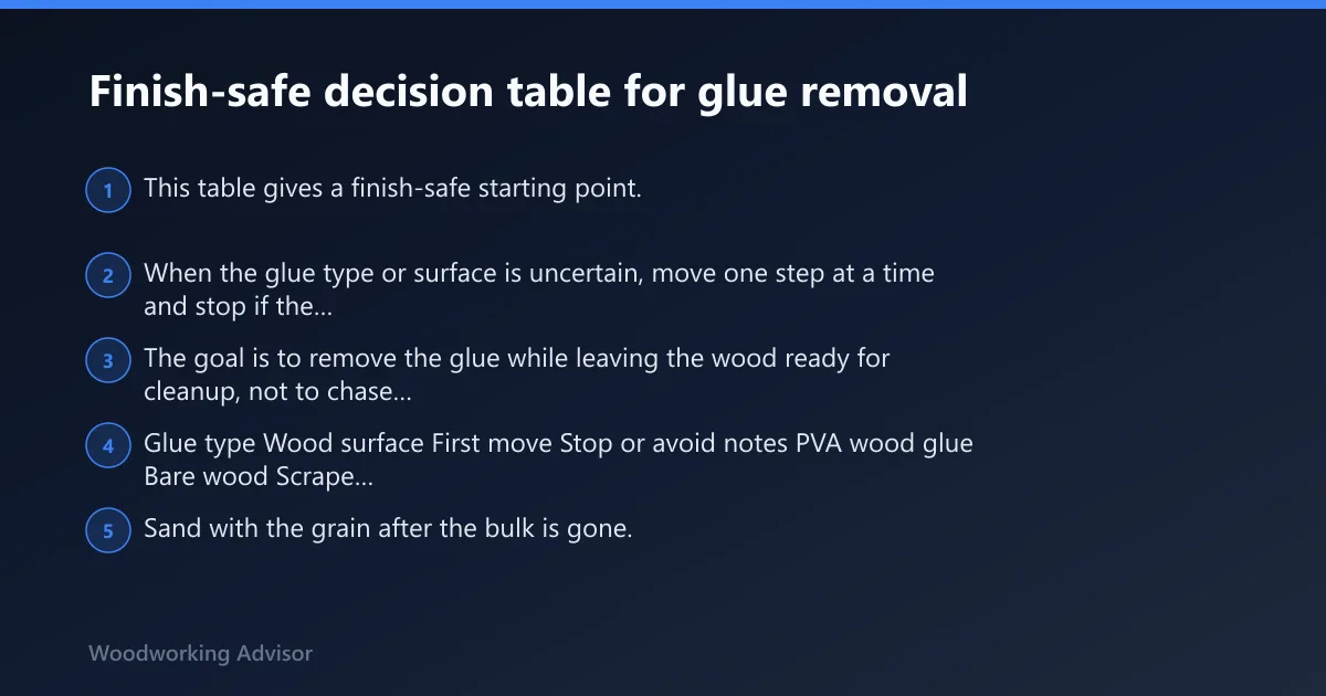 Steps: Finish-safe decision table for glue removal