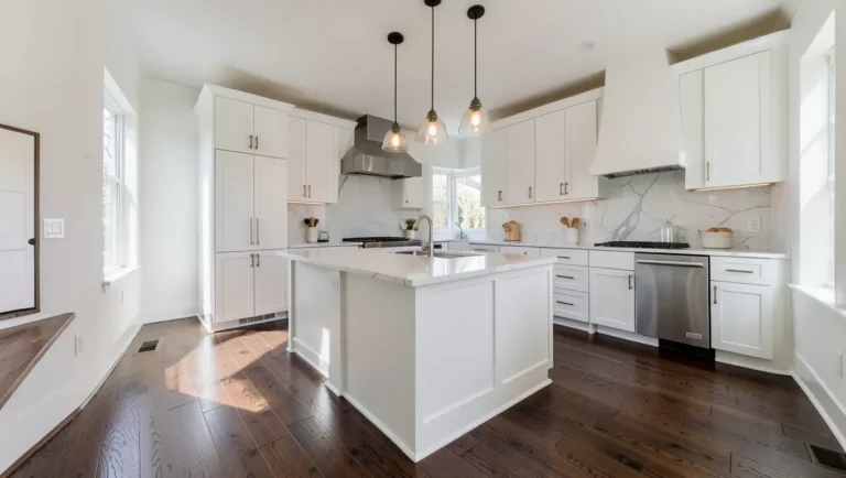 Modern kitchen with dark wood floors and white cabinets
