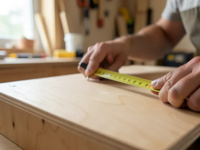 Measuring a plywood cabinet box part with a tape measure before cutting