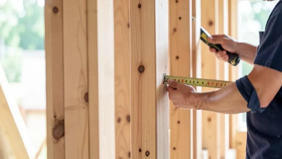 Measuring stud spacing on a wood frame wall