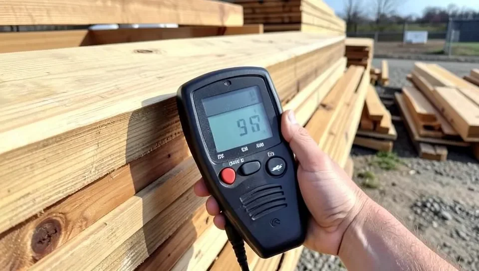 Moisture meter reading on a stack of treated lumber