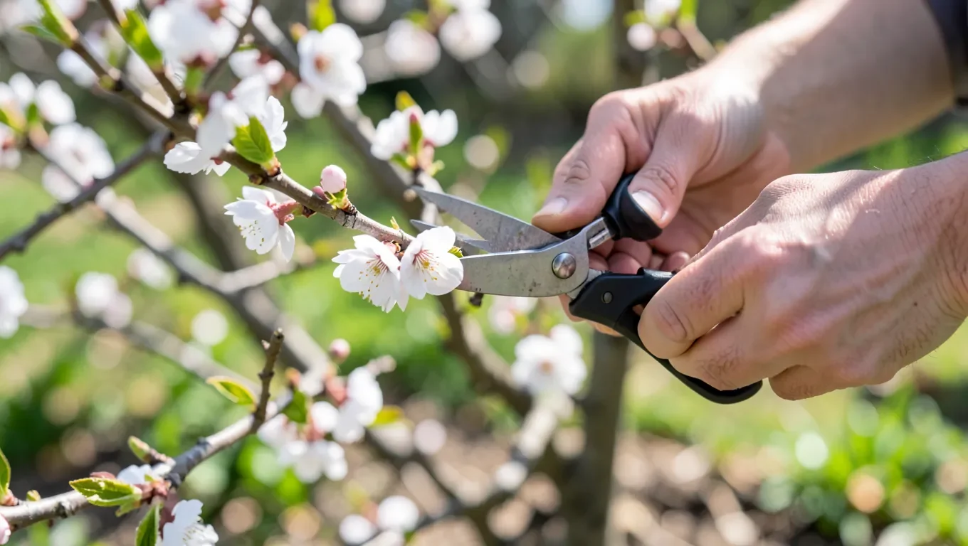 Pruning a flowering cherry tree branch after blooming