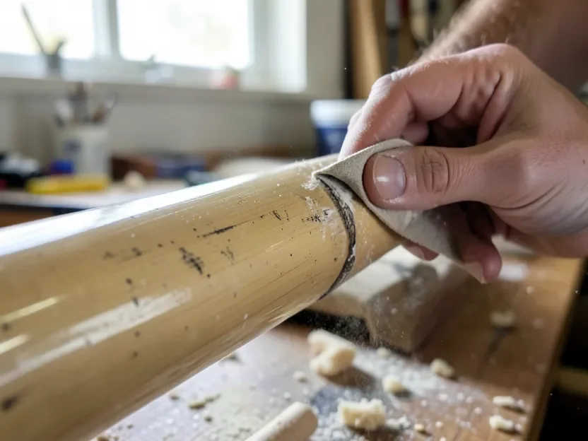 Sanding the glossy outer skin of a bamboo pole to prep it for gluing