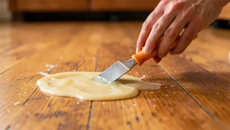 Scraping hardened candle wax off a wood floor with a putty knife