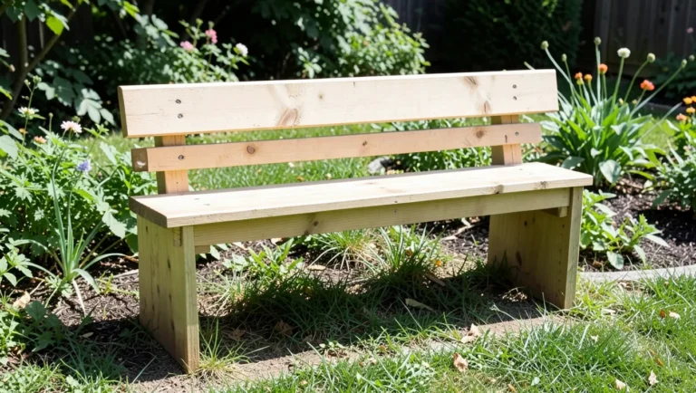 A simple homemade 2x4 bench in a backyard garden