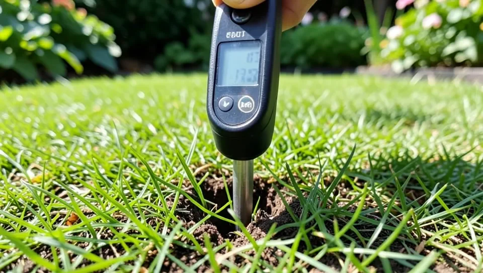 Soil pH test probe inserted into lawn grass