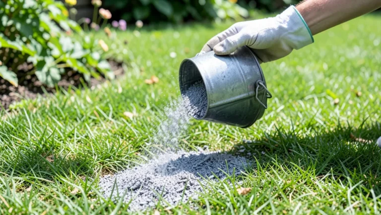 Sprinkling wood ash from a metal bucket onto a lawn