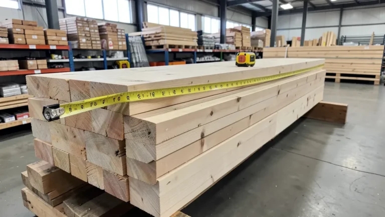 Stack of 2x4 lumber studs with a tape measure