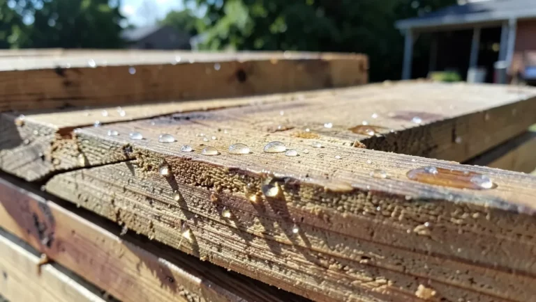 Water beading on stacked pressure-treated lumber boards