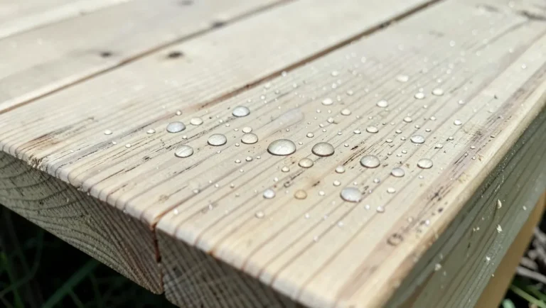 Water beading on a pressure-treated deck board, a dryness test