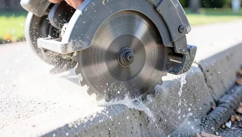 Close-up of a wet diamond blade cutting a concrete curb