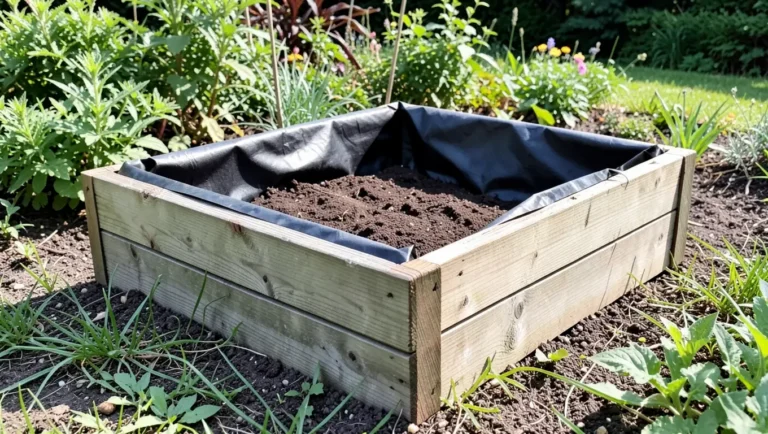 Wooden planter box lined with black landscape fabric before adding soil