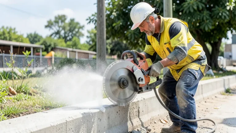 Worker in safety gear cutting a concrete curb with water spray controlling dust