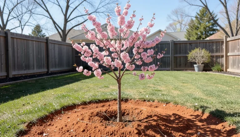 Young cherry blossom tree freshly planted in red clay soil
