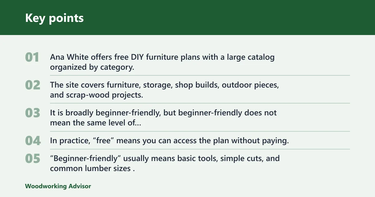 Key points: Ana White free plans: what you get and who they fit