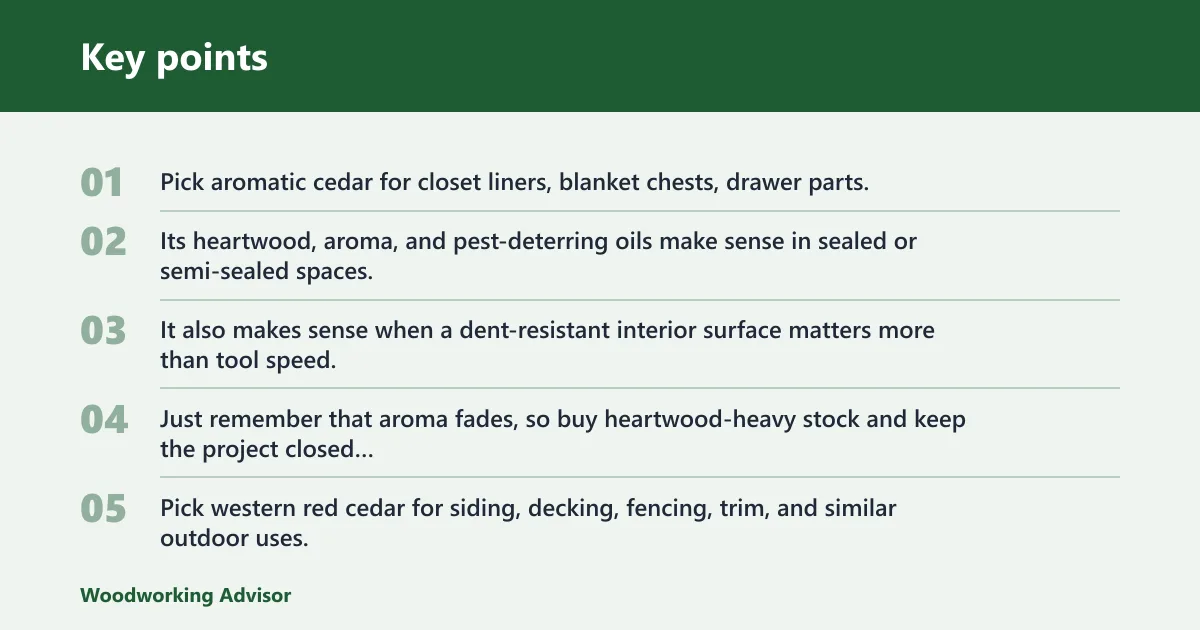 Key points: Choose aromatic cedar if… / Choose western red cedar if…