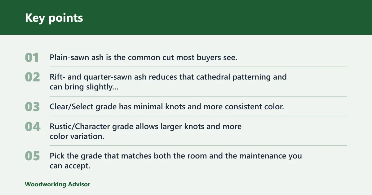 Key points: Ash cut, grade, and finish choices