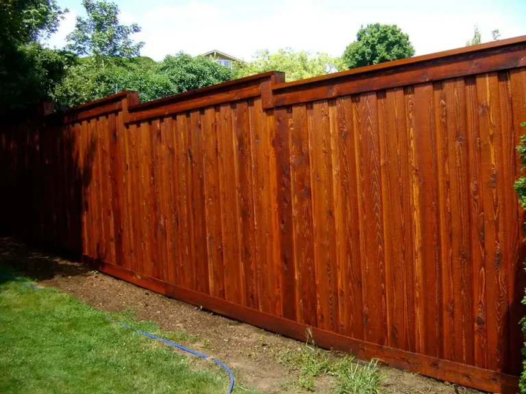 Weathered cedar fence beside a stained section with stain tools in natural light