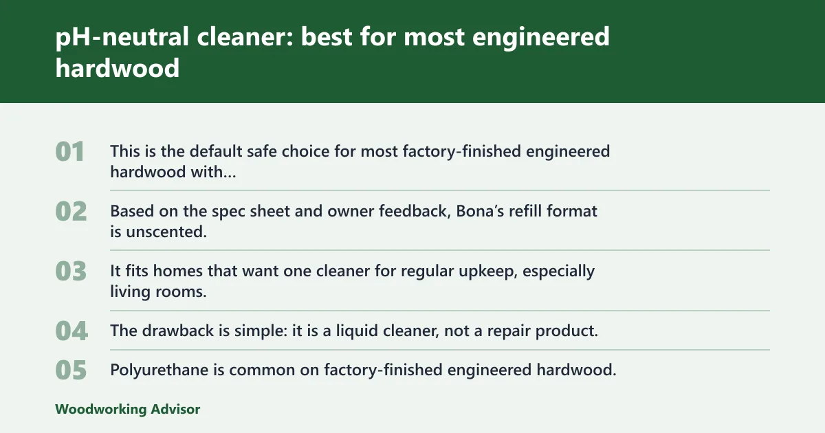 Steps: pH-neutral cleaner: best for most engineered hardwood