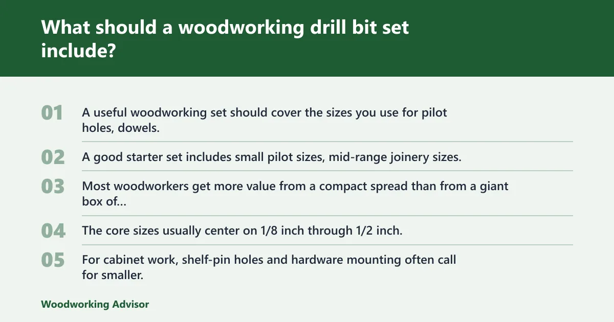Steps: What should a woodworking drill bit set include?