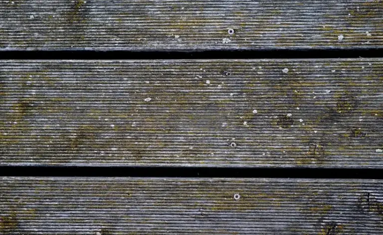 Exterior wood screws and deck boards laid out on a workbench beside a partially built deck