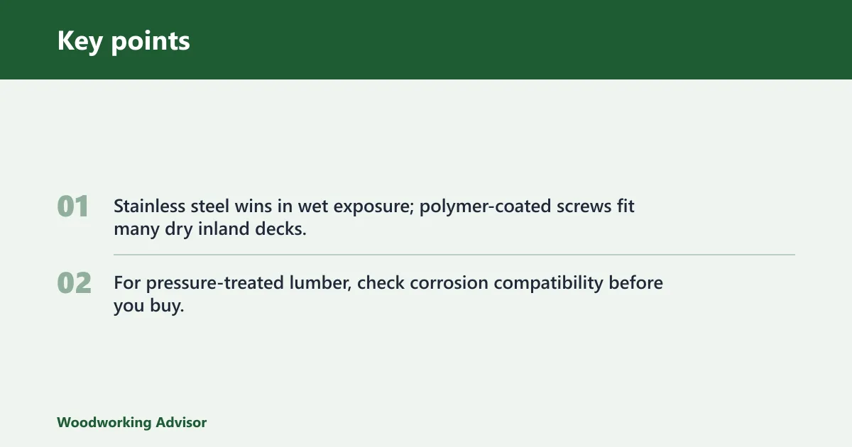 Key points: Decision table: match the screw to the deck and exposure
