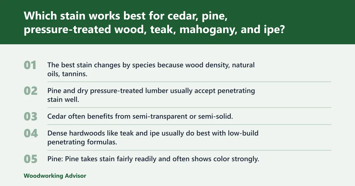 Steps: Which stain works best for cedar, pine, pressure-treated wood, teak, mahogany, and ipe?