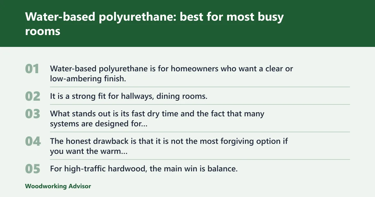 Steps: Water-based polyurethane: best for most busy rooms