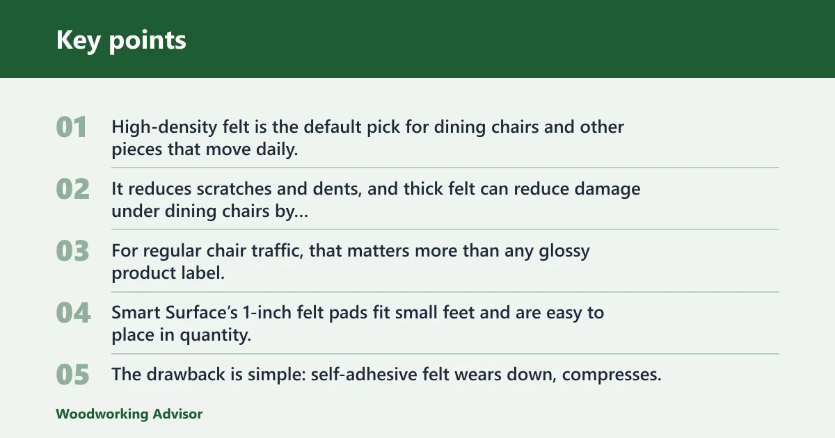 Key points: High-density felt pads: best for dining chairs