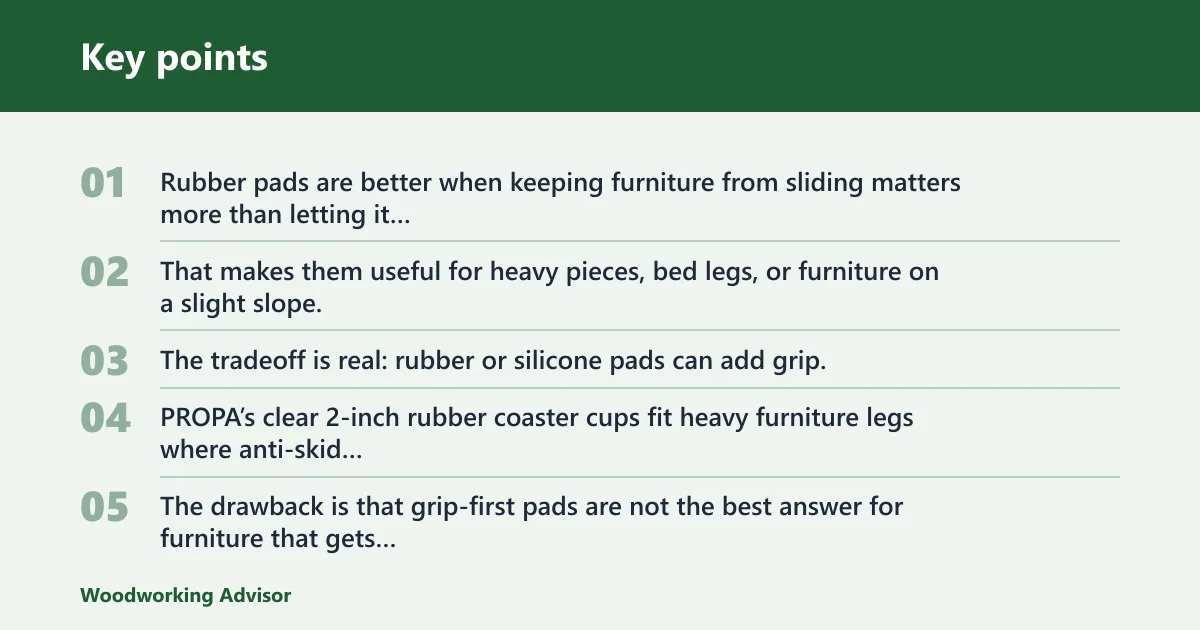 Key points: Rubber pads: best for grip-first furniture