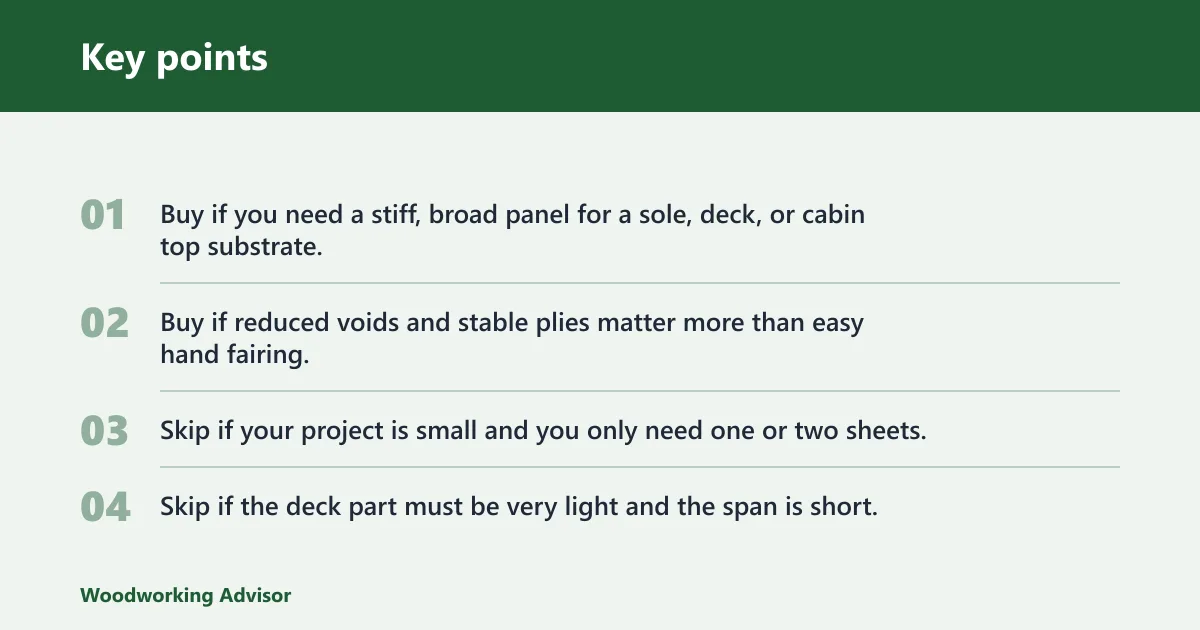 Key points: RecPro marine grade plywood: best for decks and cockpit soles