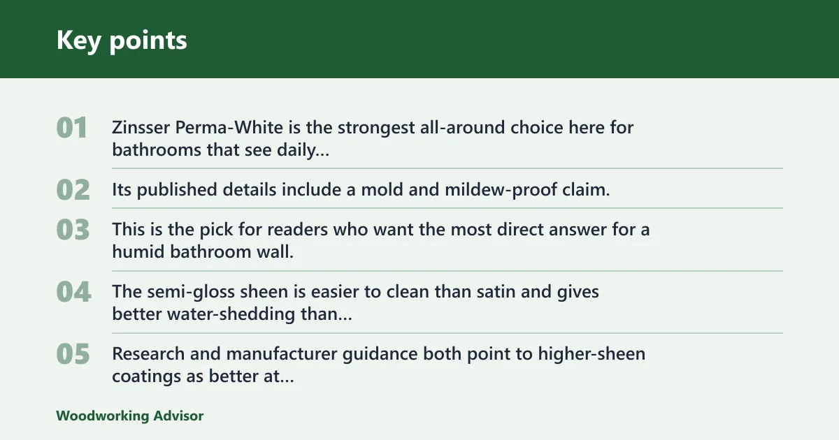 Key points: Zinsser Perma-White semi-gloss: best for full bathroom walls