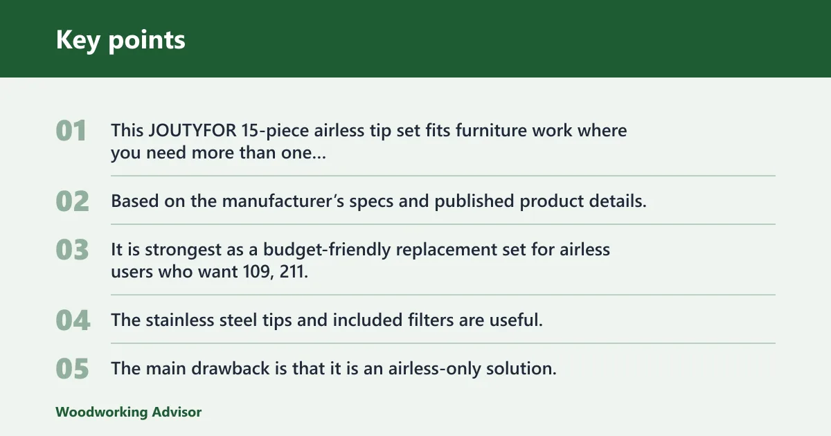 Key points: JOUTYFOR spray tip set: best for mixed furniture work