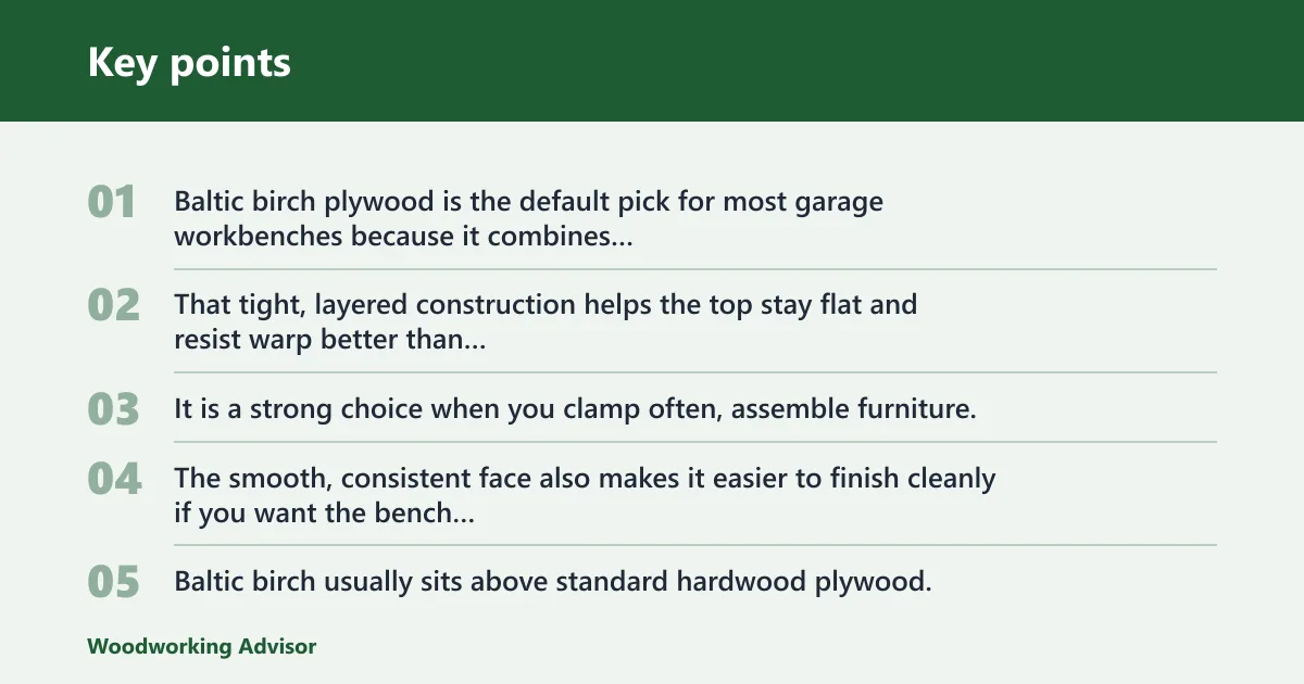 Key points: Baltic birch plywood: best for most garage workbenches