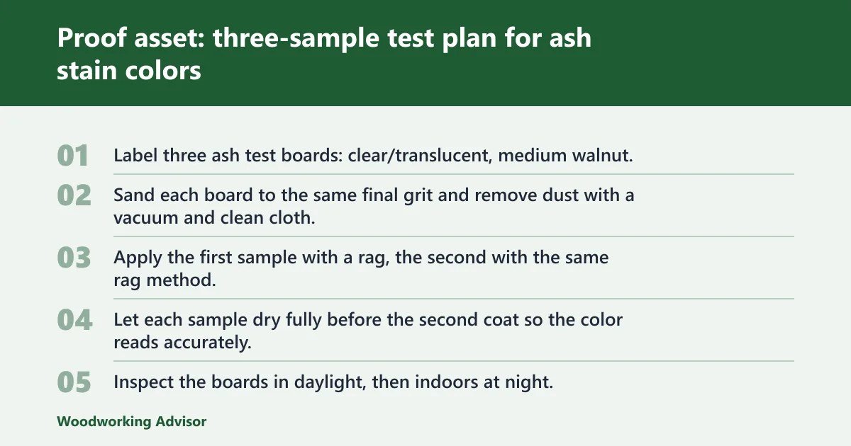 Steps: Proof asset: three-sample test plan for ash stain colors
