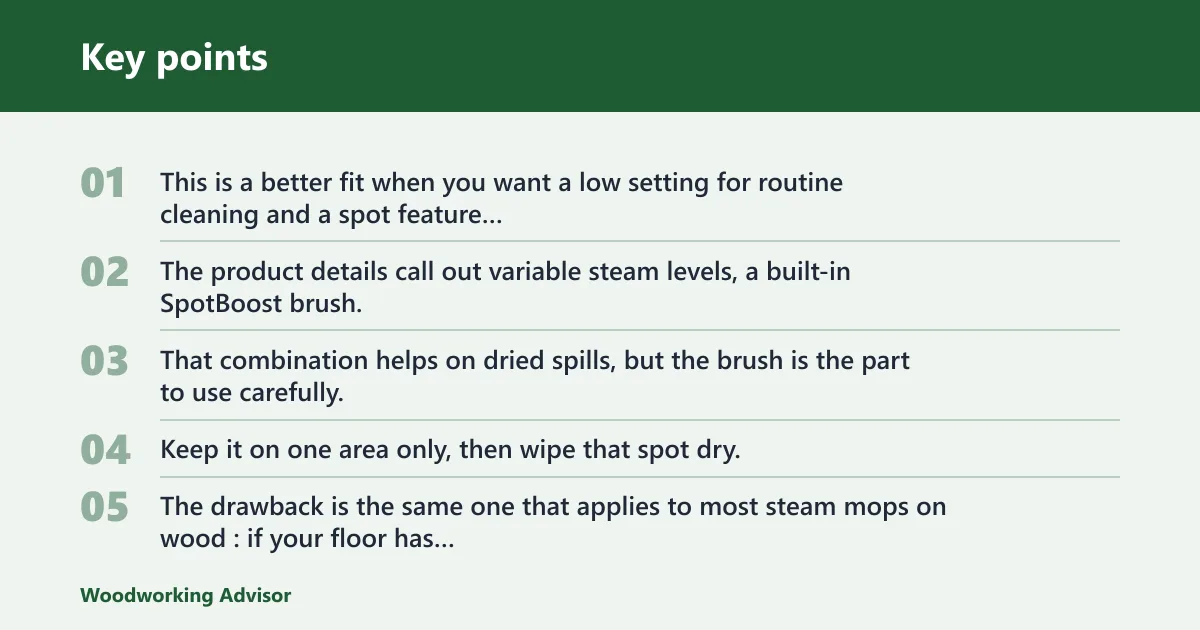 Key points: Bissell PowerFresh Deluxe 1806 Steam Mop: best for sticky spots