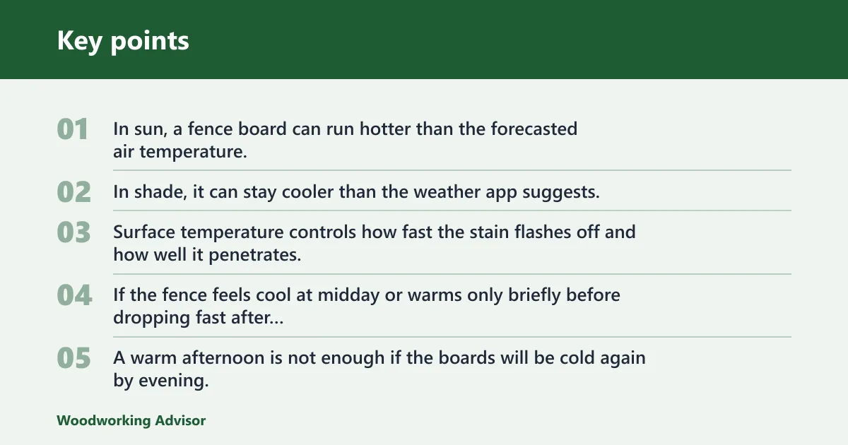 Key points: What temperature is too cold to stain a fence?