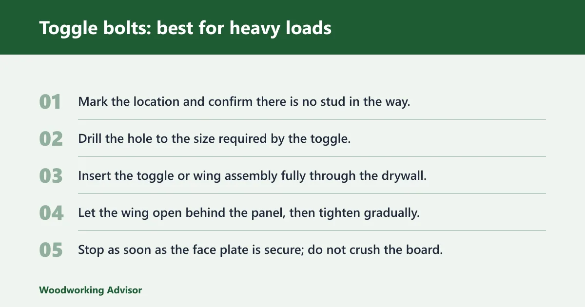 Steps: Toggle bolts: best for heavy loads