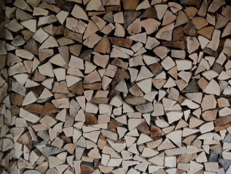 Wood stove beside oak, pine, and hardwood firewood stacks in natural cabin light