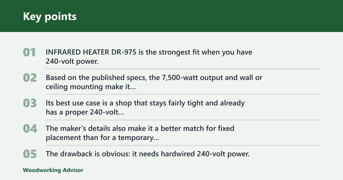 Key points: Electric hardwired heater: best for insulated shops