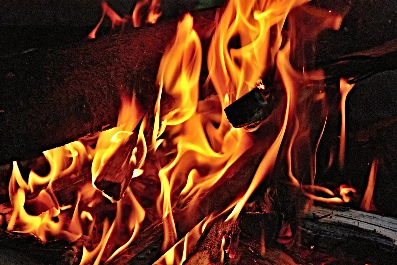Cherry wood logs stacked beside a backyard fire pit with light smoke in natural evening light