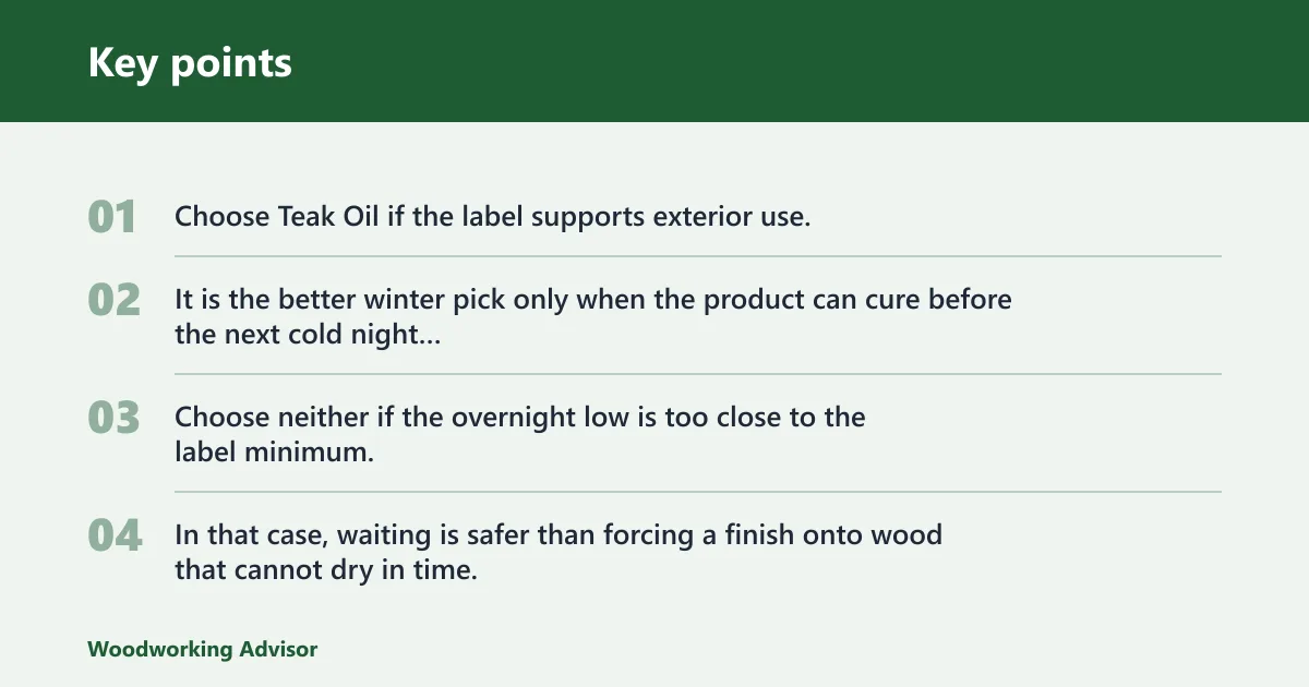 Key points: Choose Danish Oil if… / Choose Teak Oil if…