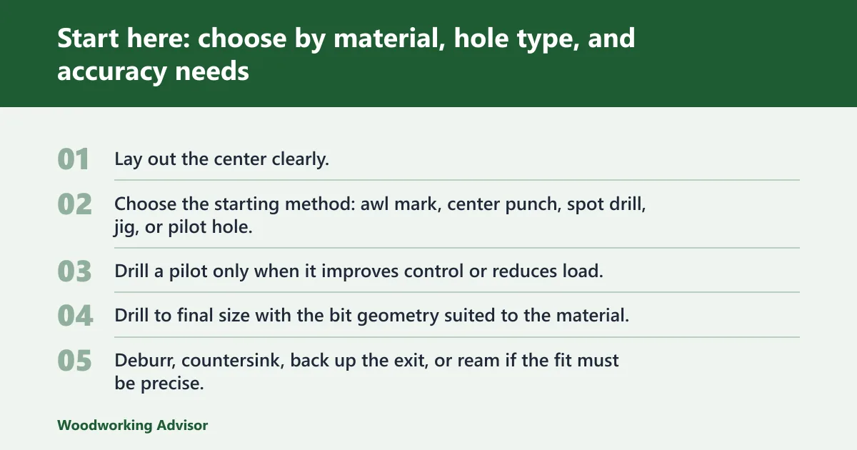 Steps: Start here: choose by material, hole type, and accuracy needs