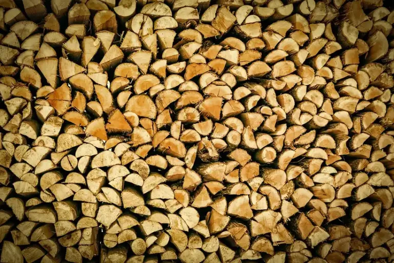 Very dry firewood stacked beside a wood stove with cracked ends and loose bark