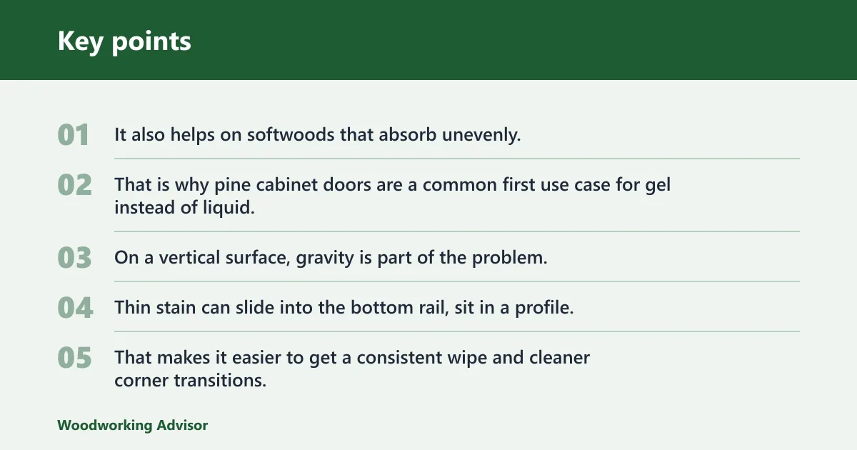 Key points: Why gel stain helps on cabinets and vertical surfaces
