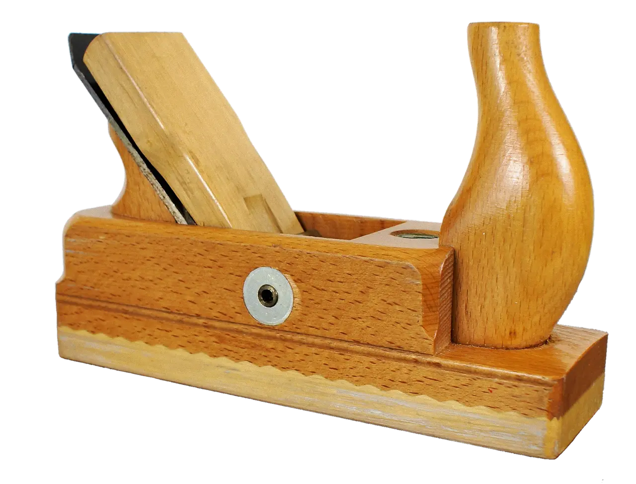 Woodworker’s workbench with hand plane, marking gauge, layout tools, and hardwood offcuts